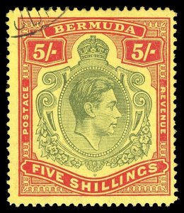 Bermuda 1942 KGVI 5s dull yellow-green & red/yell GASH IN CHIN vf used. SG118bf