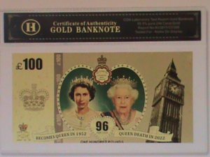 ​UNITED KINDOM-QUEEN ELIZABTH II 24 KARAT GOLD REPLICA $100 -VF WITH CERTIFICATE