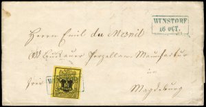 German States, Hanover #6, 1851 1/10th black on yellow, tied by blue Wunstorf...