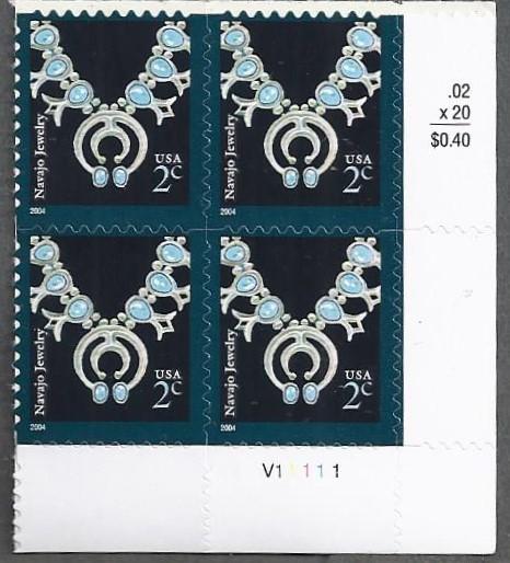 United States #3750 2-cent Navajo Jewelry MNH block of 4; plate #V11111