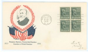 US 828 1938 24c Benjamin Harrison block of four on an addressed FDC with a Granby cachet.