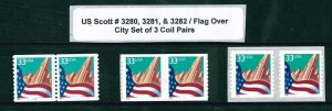 US Scott # 3280, 3281, & 3282 / Flag Over City Set of 3 Coil Pairs  MNH