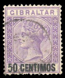 Gibraltar #27 Cat$87.50, 1889 50c on 6p, used, faint thin