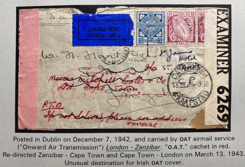 1942 Dublin Ireland Airmail Dual Censored Cover To Zanzibar Via London OAT