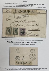 1918 Cochabamba Bolivia Censored Cover To Zurich Switzerland Via Italy