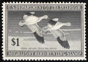 US Sc RW14 Black $1.00 1947 Hunting Permit Duck Heavy Hinged Original Gum