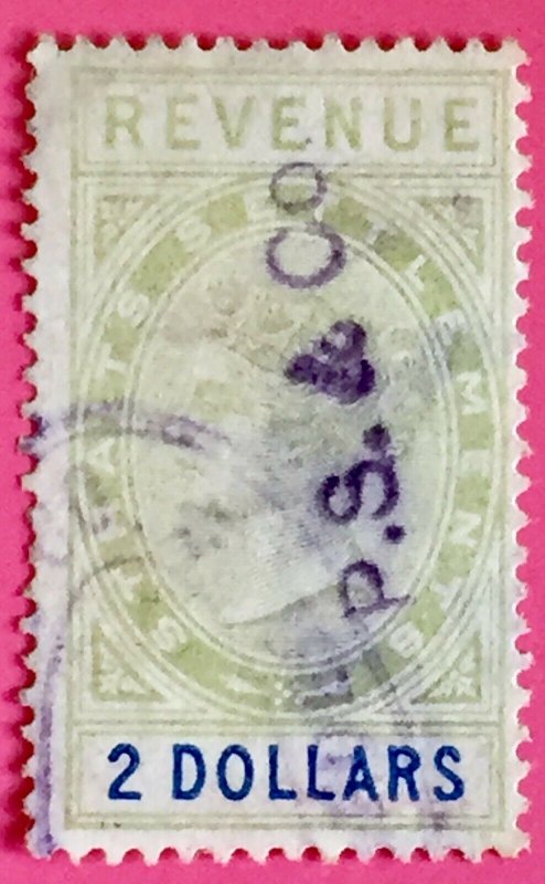 MALAYA 1888 STRAITS SETTLEMENTS QV REVENUE $2 USED ISC#R42 M2525