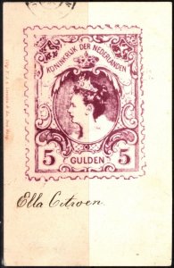 Vintage Netherlands Postcard Showing 1899 5 Gulden Queen Wilhelmina Stamp