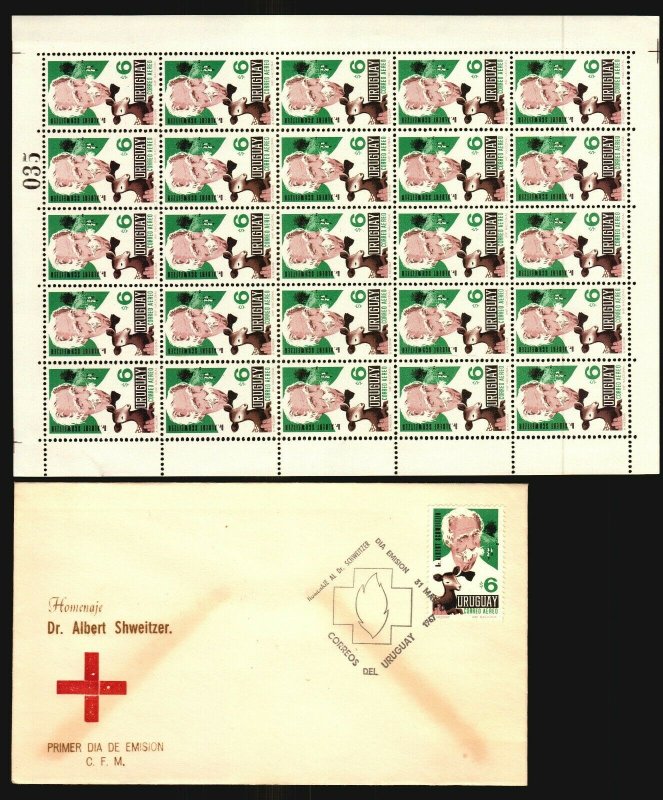 Albert Schweitzer Holding Fawn medical Nobel Uruguay #c303 full sheet x25 + fdc