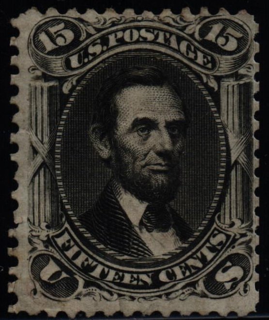 US Scott #77 - F - No Gum - 15c Lincoln - (Reperfed at Right) - Black 1866