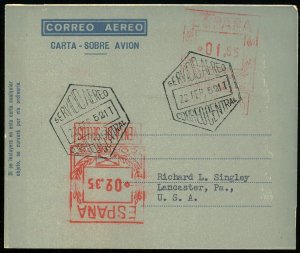 Spain #45 Aerogramme to USA 1.65p+2.35p Postage Cover Europe Airmail Used