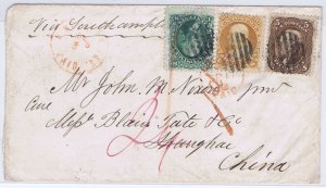 US 71, 68, 76 on cover NY exchange and London transit to Shanghai China 1863