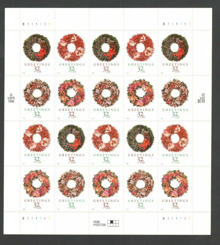 3249-52 (3252b) Holiday Wreaths  Sheet Of 20 Mint/nh 