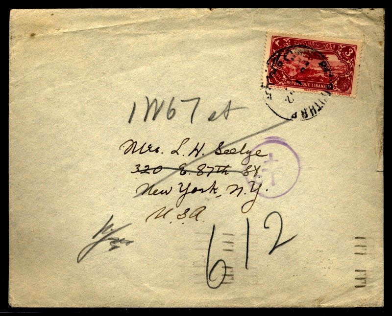 Lebanon Liban 1942 Censored  cover to New York