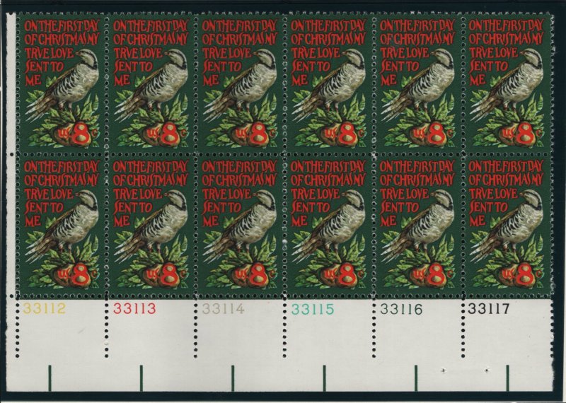 US, 1445, MNH, PLATE BLOCK OF 12, 1971, A PARTRIDGE IN A PEAR TREE