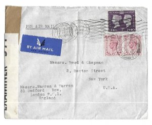 London, England to New York, N.Y. 1940 Censor Tape, Scott 257 & 243 Pair