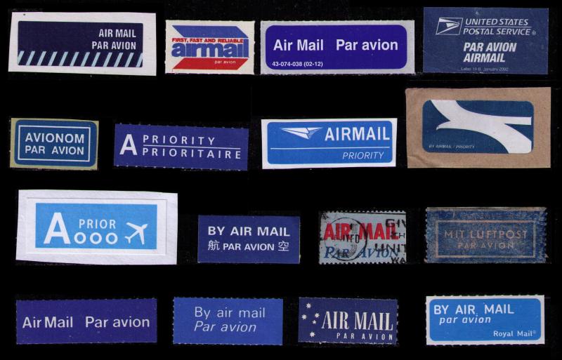 AIR MAIL LABELS LOT OF 16 DIFF FROM MANY COUNTRIES, NICE LOT, SEE SCAN