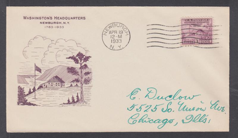 US Sc 727 on 1933 FDC, 3c Washington's HQ, First Henry Grimsland cachet. VF