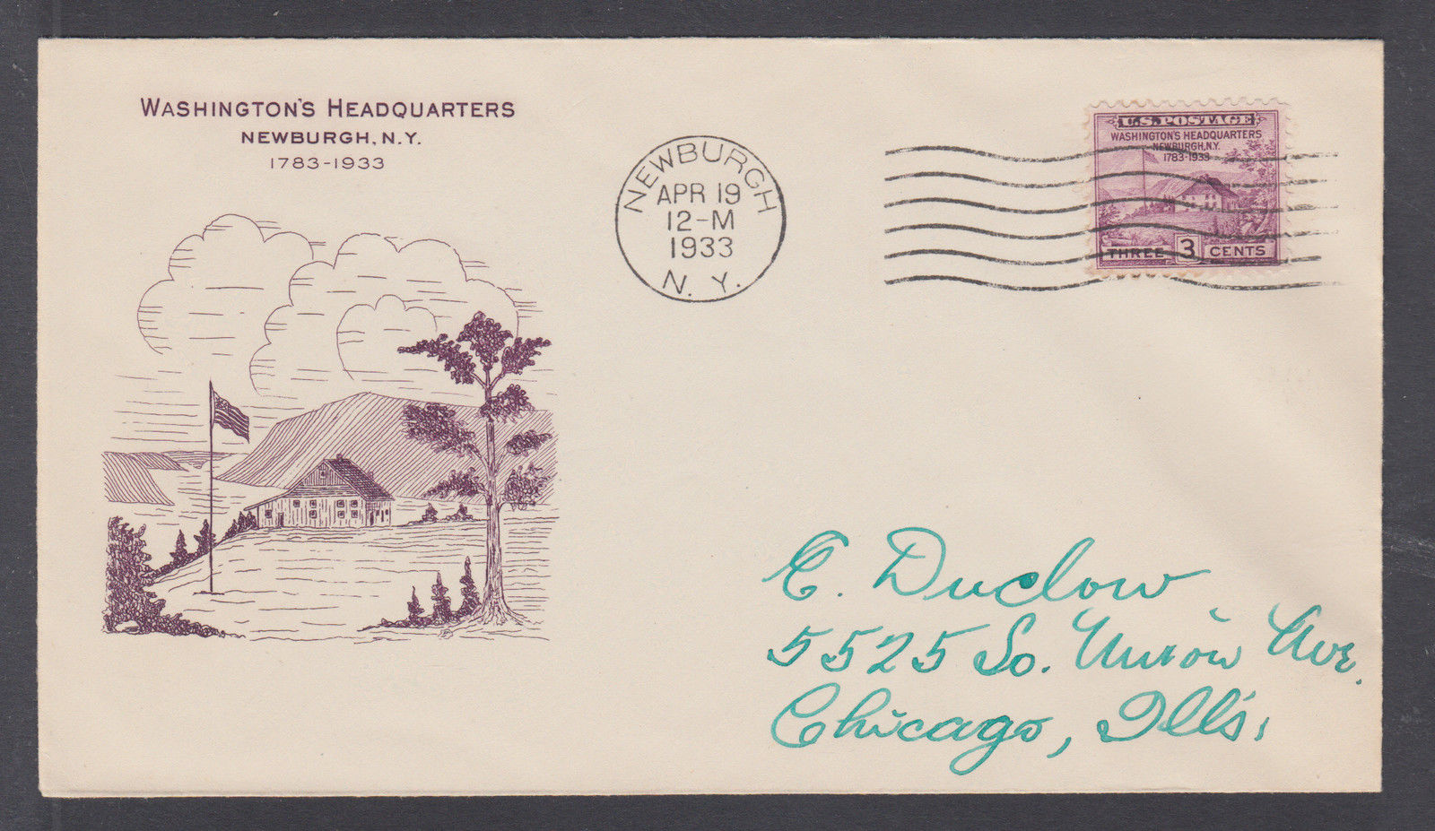 US Sc 727 on 1933 FDC, 3c Washington's HQ, First Henry Grimsland cachet ...