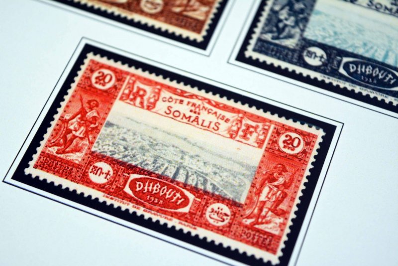 COLOR PRINTED SOMALI COAST 1894-1966 STAMP ALBUM PAGES (40 illustrated pages)
