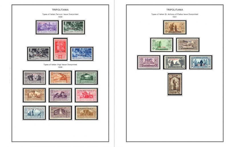 COLOR PRINTED TRIPOLITANIA 1923-1938 STAMP ALBUM PAGES (23 illustrated pages)