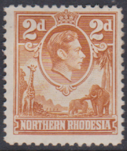 NORTHERN RHODESIA 1938 MINT OG 2d YELLOW BROWN CAT 