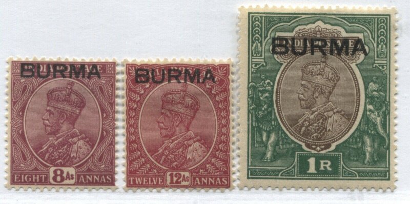 Burma KGV 1937 8 and 12 annas and 1 rupee mint o.g. hinged