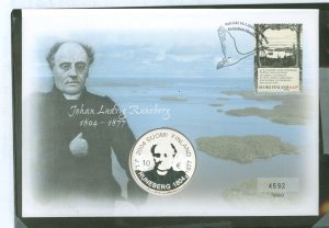 Finland 1203c Johan Ludvig Runeberg, Poet, numbered event cover with special 10 euro coin, unlisted in Scott