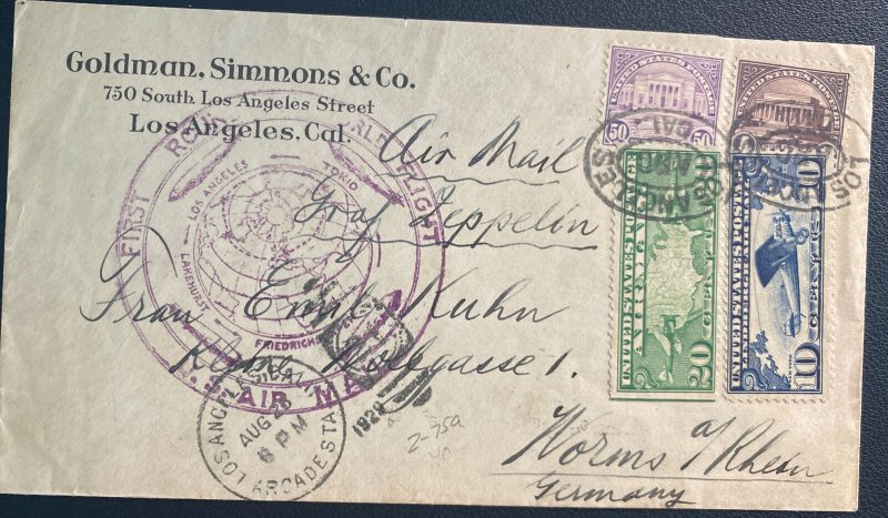 1929 USA LZ 127 Graf Zeppelin First Round Flight Airmail cover To Worms Germany