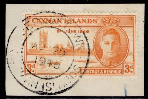 CAYMAN ISLANDS GVI SG128a, 3d orange-yell, FU on PIECE. Cat £55. STOP after 1946