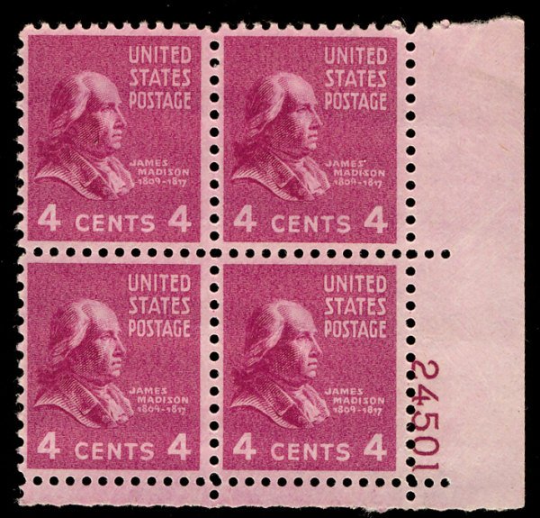 US #808 PLATE BLOCK, VF/XF mint never hinged,  super nice 4c Madison,   BETTE...