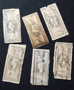 France Revenue -- 1864 Imperial Tax, Napolean, 6 stamps, priced for faults.