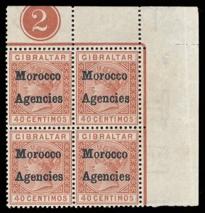 Morocco Agencies 1898 QV 40c (blue-black ovpt) Plate 2 block MNH / MLH. SG 5f. 