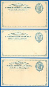 1879 Mint #UX6, Blue, LOT/3 Postal Cards Small Stains, 1 Thin, SCV $105.00!