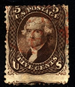US Scott 75 Jefferson Used stamp Faulty with RED cancel $485.00
