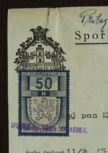 Czechoslovakia 1940 Revenue Stamp on Document Cat Lion Fauna Czech WWII US 2 