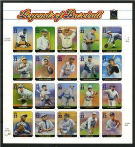 US Scott # 3408 Legends of Baseball Mint MNH Pane of 20