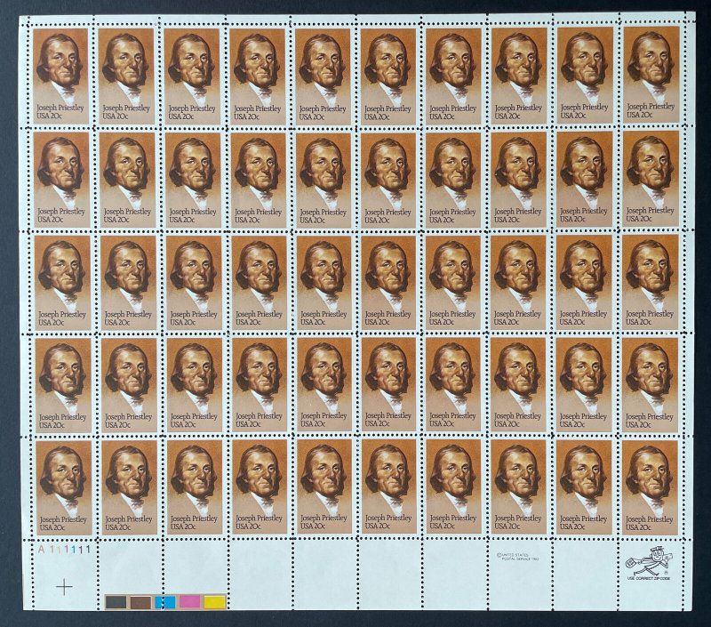 2038 JOSEPH PRIESTLEY Sheet of 50 US 20¢ Stamps @FV  MNH 1983