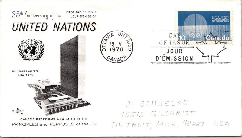 Canada 1970 FDC 25th Anniversary Of The UN- Ottawa, Ont - Single - F76710