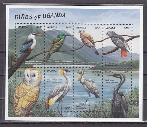 Uganda, Scott cat. 1615 a-h. Birds and Owl sheet. ^