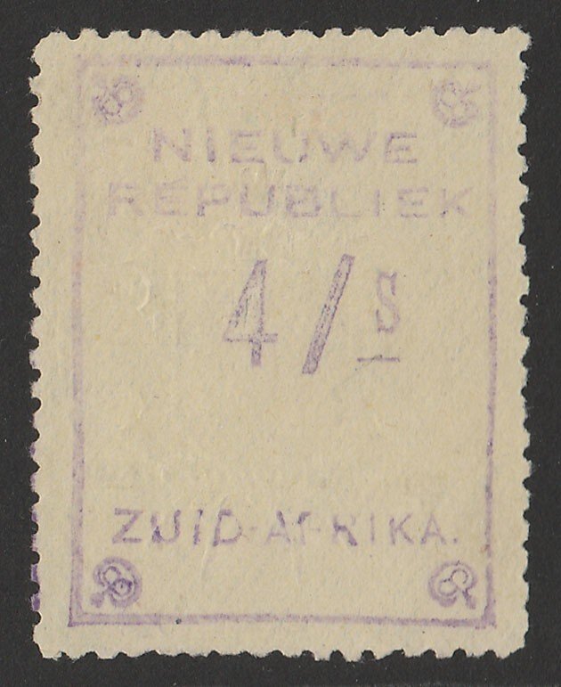 TRANSVAAL - NEW REPUBLIC 1887 4/S Violet with embossed arms, on yellow paper.