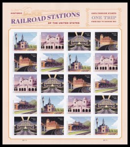 2023 63c Forever Railroad Stations, Mint Imperforate Sheet of 20 Scott 5758-5762