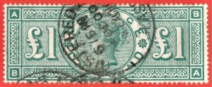 [mag281] GB 1887 SG#212 £1 green used Cat.value:£800/$1,000 Letter A-B