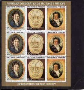 ST.THOMAS & PRINCE 1981 PAINTINGS/BEETHOVEN SHEET OF 9 STAMPS O/P  IN GOLD MNH