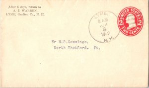 United States New Hampshire Lyme 1909 4a-bar  Postal Stationery Envelope.