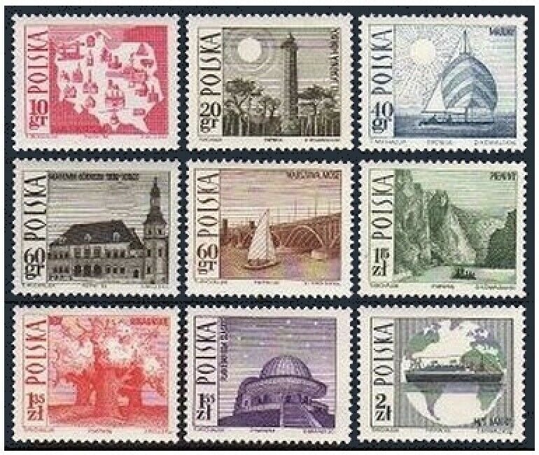 Poland 1439-1447, MNH. Mi 1705-1713. 1966. Map, Lighthouse, Yachts, Bridge, Oaks