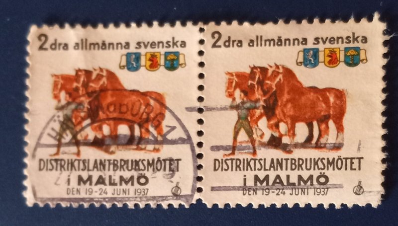 Sweden 1937 - Used Pair /Poster Stamps -2 dra allmanna Svenska - Malmo Fair F-VF