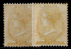 MALTA QV SG10 + 13, ½d SHADE VARIETIES, M MINT. Cat £235.