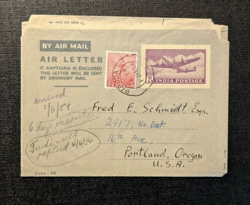 1954 Baroda India Airmail Air Letter Cover to Portland Oregon USA