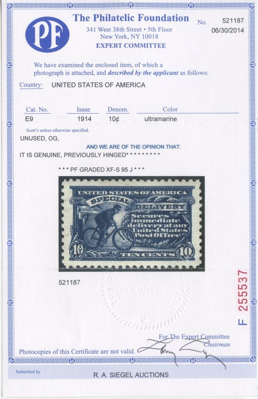 US Scott #E9 Mint, XF/S, H, PFC (Graded 95J)